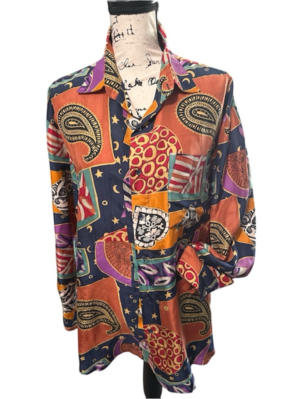 SILKS 100% Silk Blouse Bold Multicolor Print Button Down Women’s Size Large
